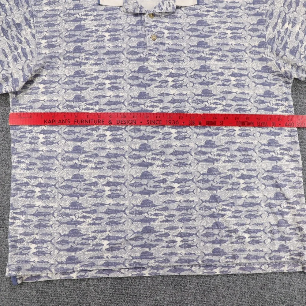 Columbia Mens XL Blue All Over Fish Print Polo Shirt‎ Cotton Short Sleeve